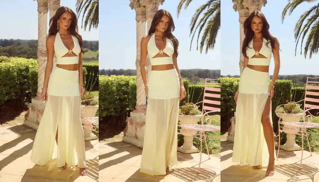 Woman in a pale yellow two-piece outfit.